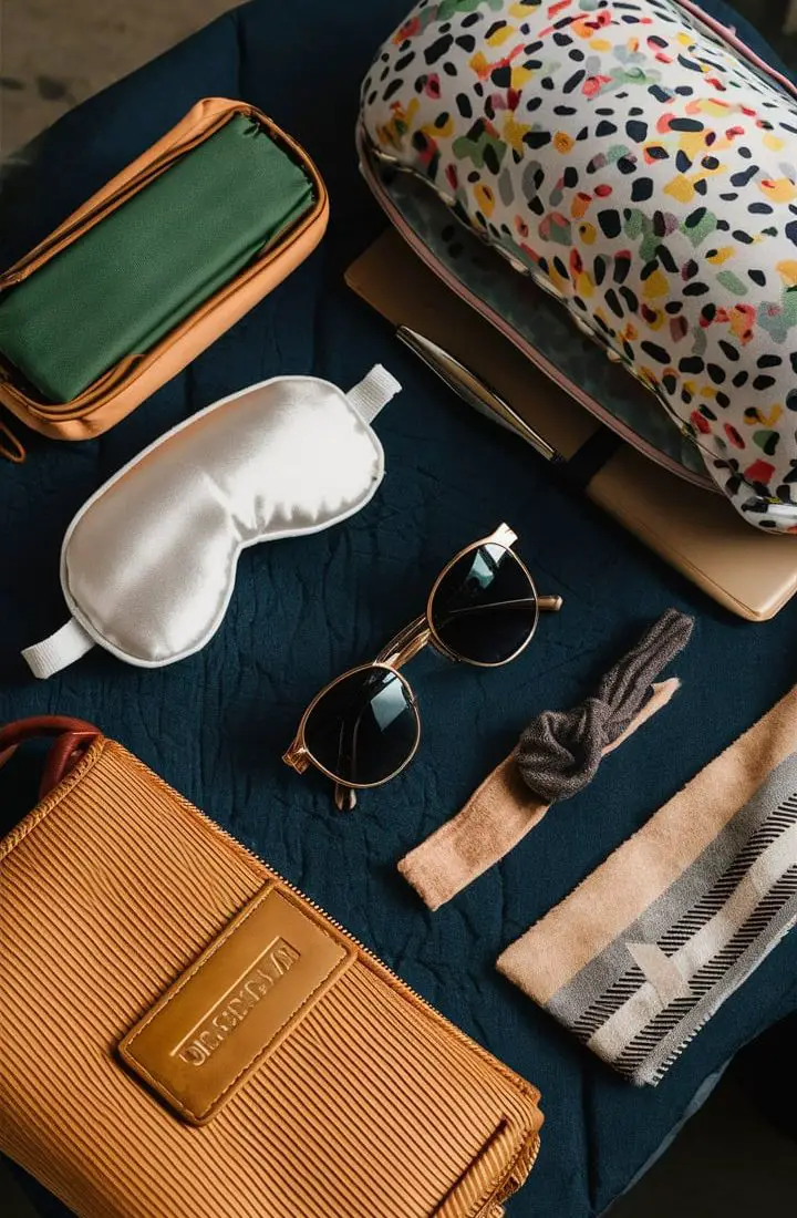 A collection of travel essentials including an eye mask, neck pillow, sunglasses, and scarf, neatly arranged on a table.