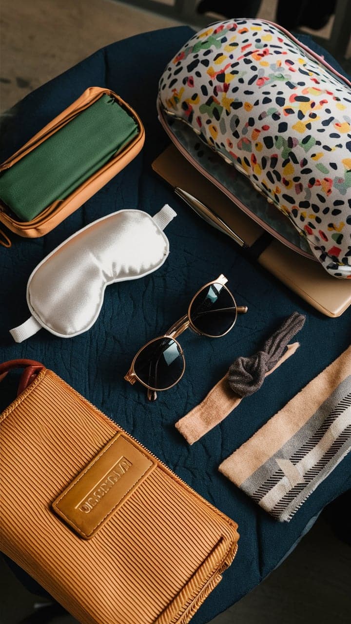 A collection of travel essentials including an eye mask, neck pillow, sunglasses, and scarf, neatly arranged on a table.