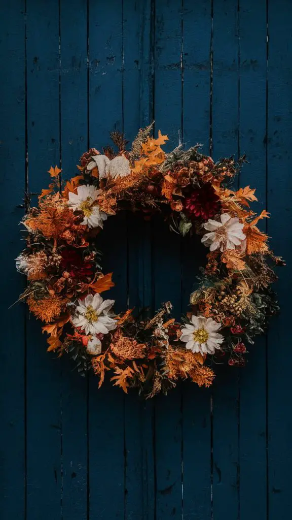 Aesthetic fall floral iPhone wallpaper with a beautiful fall wreath.