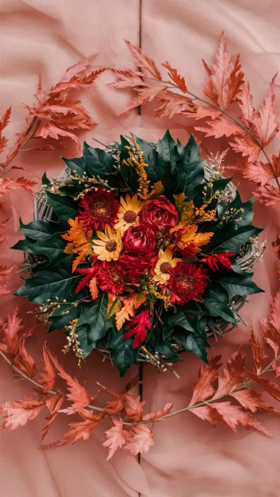 Aesthetic fall floral iPhone wallpaper with a beautiful fall wreath.