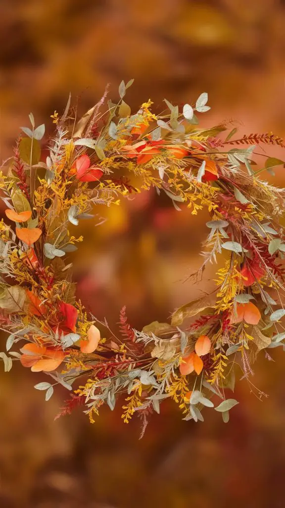 Aesthetic fall floral iPhone wallpaper with a beautiful fall wreath.