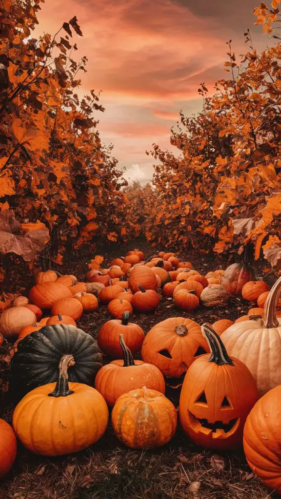 Cute fall wallpaper for iPhone showcasing a vibrant pumpkin patch in an autumn background