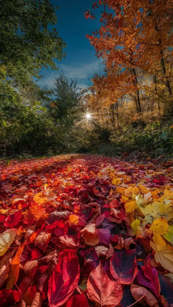 Nature background for iPhone featuring a serene fall forest path with colorful leaves.