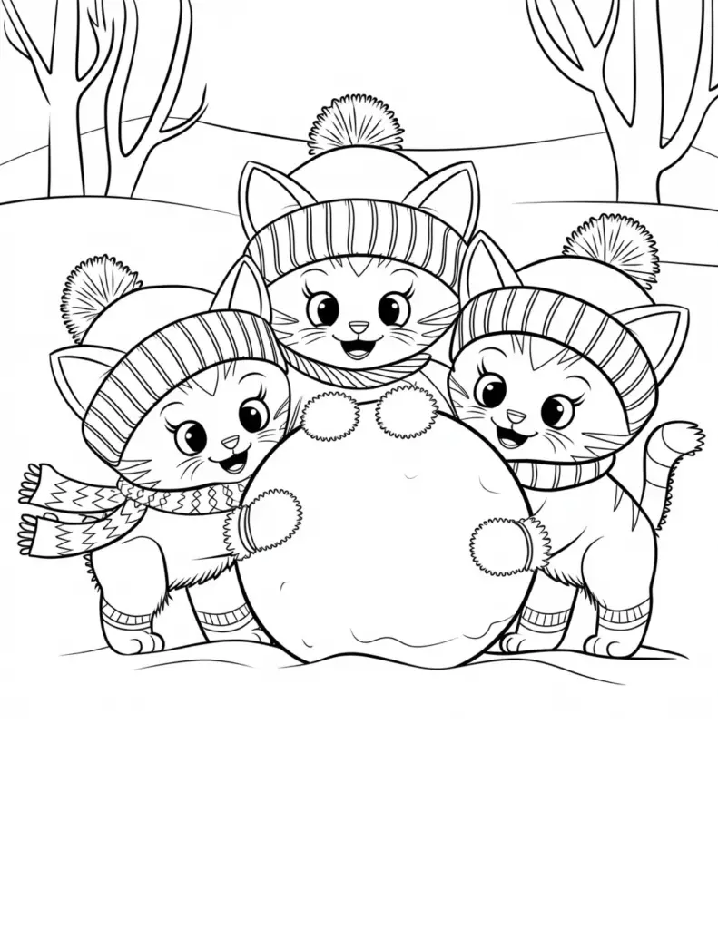 3 kittens in winter hats building snowball Christmas coloring pages