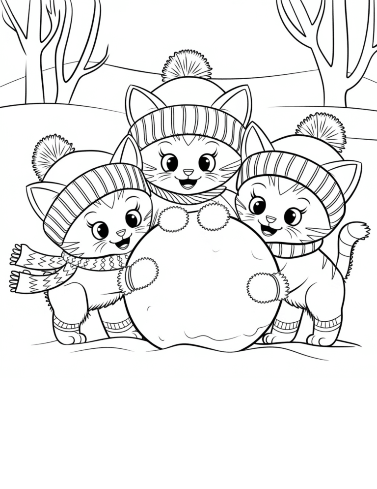 3 kittens in winter hats building a snowball