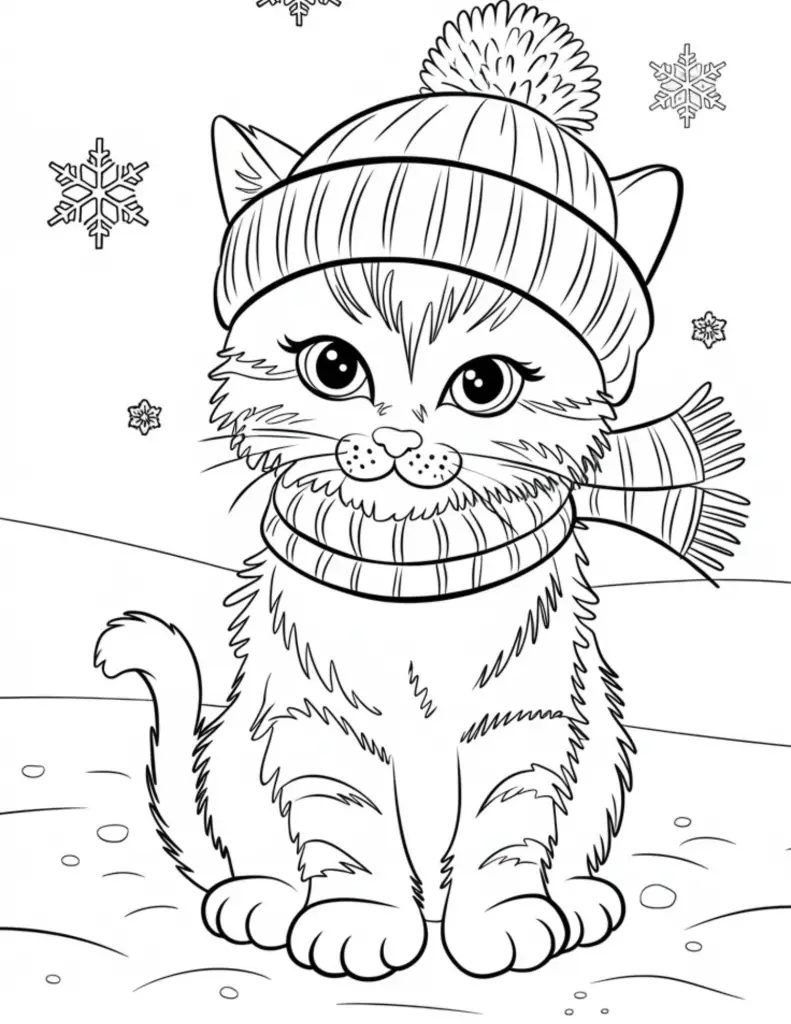 cat in winter hat and scarf in the snow Christmas coloring pages