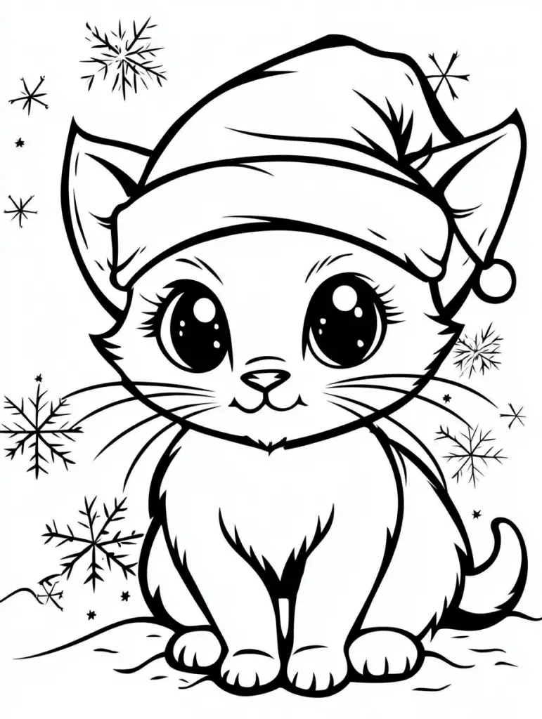 kitten in Santa hat Christmas coloring page