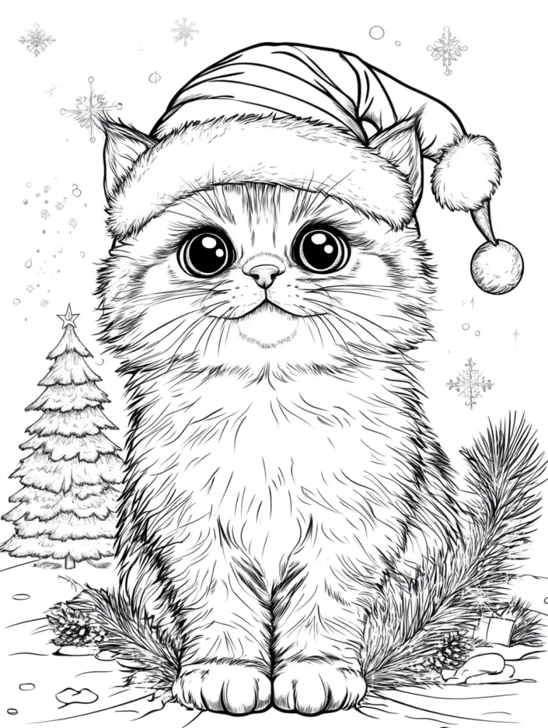 Cat in santa hat near Christmas tree Christmas coloring page