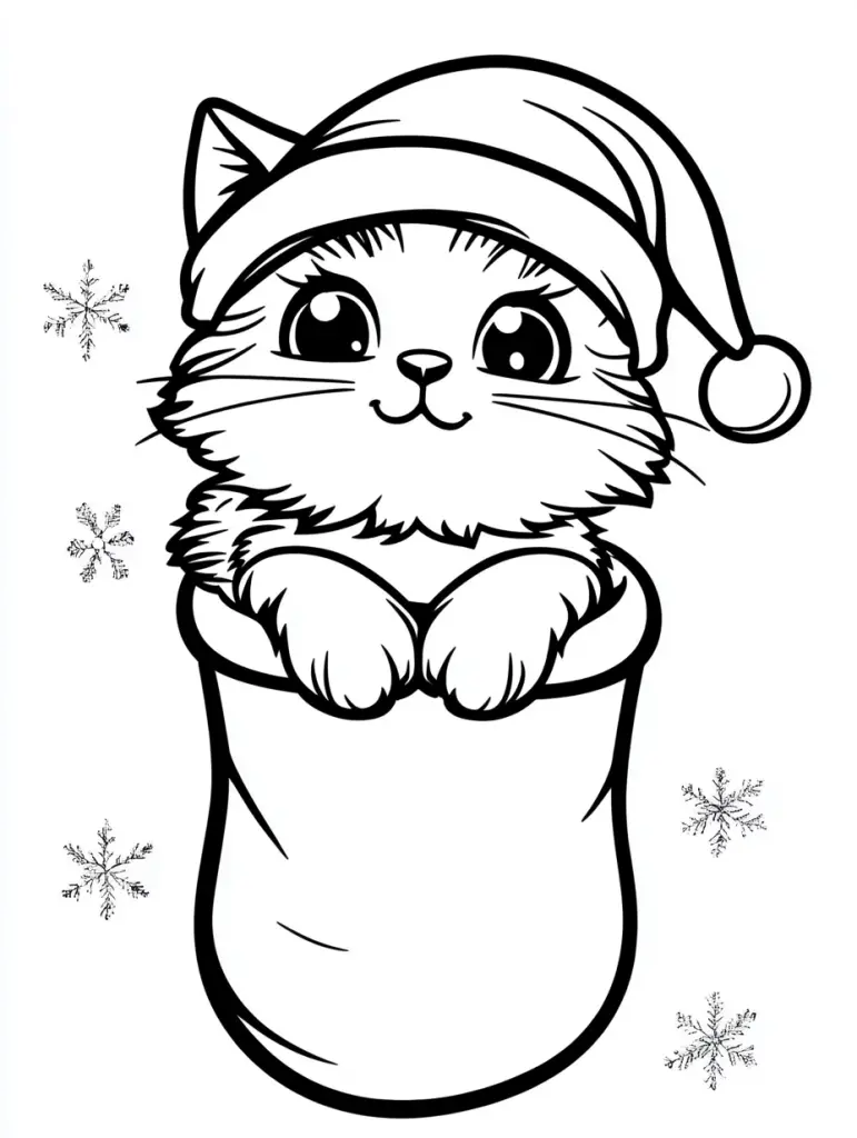 Cat in Santa hat inside Christmas stocking Christmas coloring pages