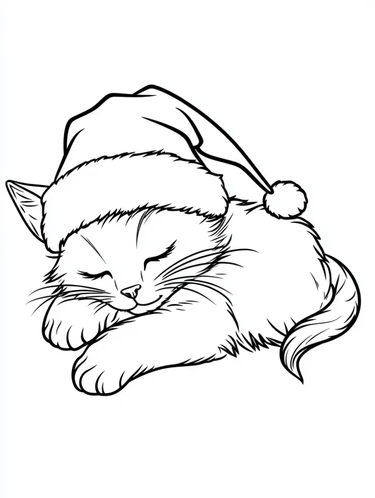 Christmas coloring page cat wearing Santa hat asleep