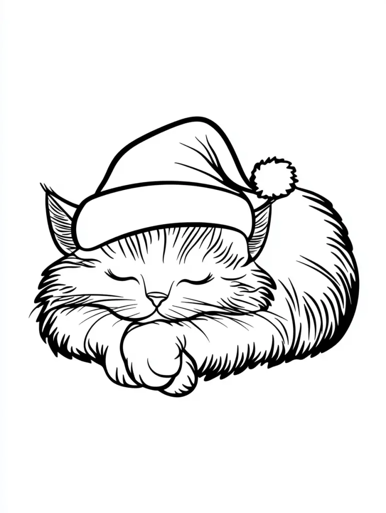 Christmas coloring pages sleeping Cat with Santa hat
