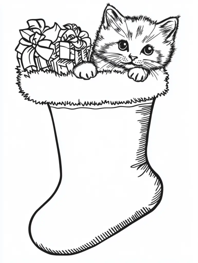 Adult coloring pages Cat in a Christmas stocking