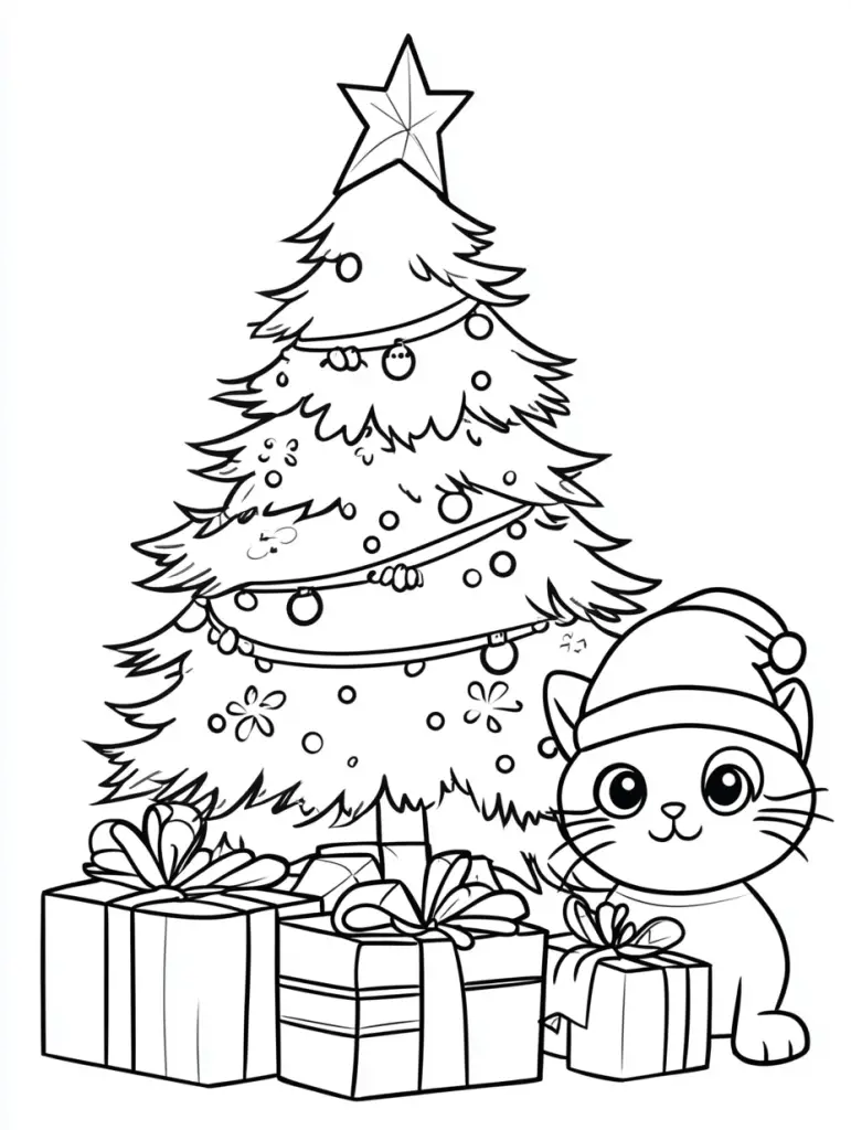 Kids Christmas coloring page Christmas tree and cat with Santa hat