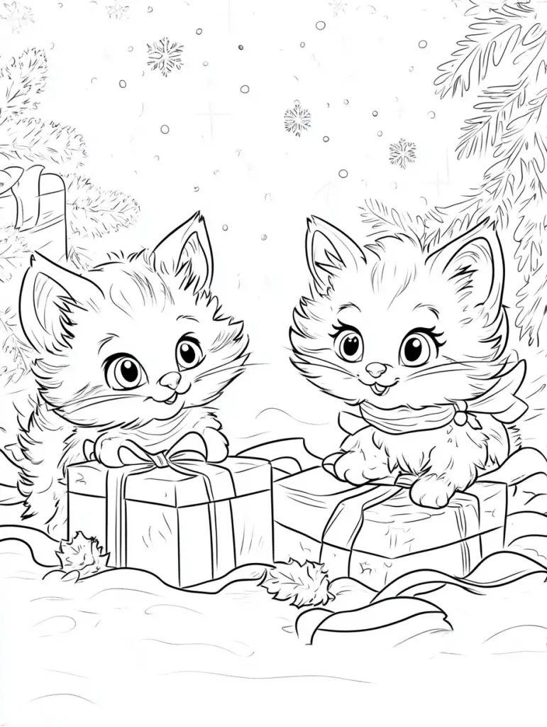 2 kittens opening Christmas presents Kids Christmas coloring page